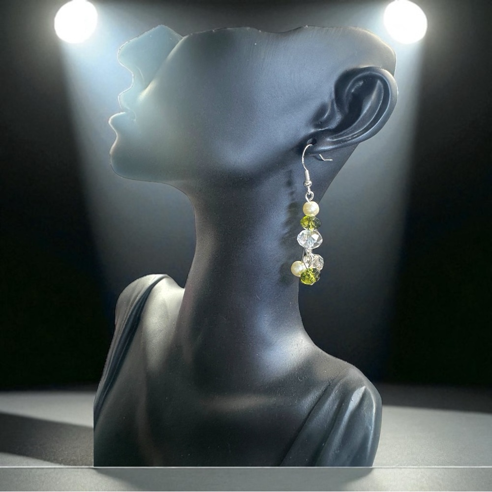 Handmade Sterling Silver Earrings W/ Freshwater Pearls & Green Multifaceted Crys - Picture 15 of 15
